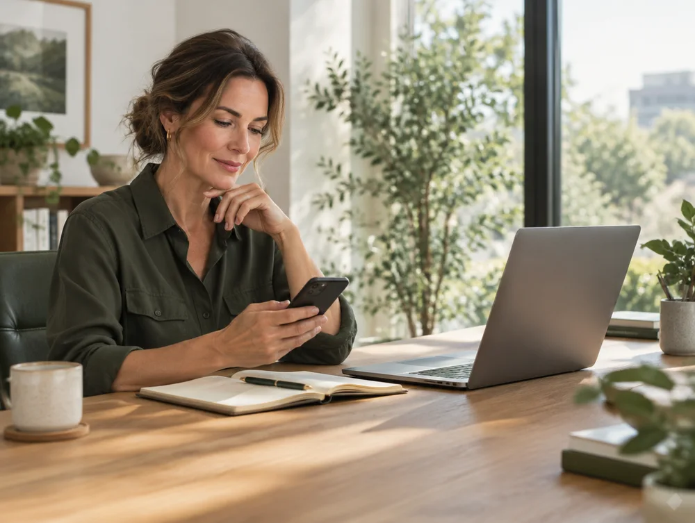 Business owner reviewing the next action on her phone
