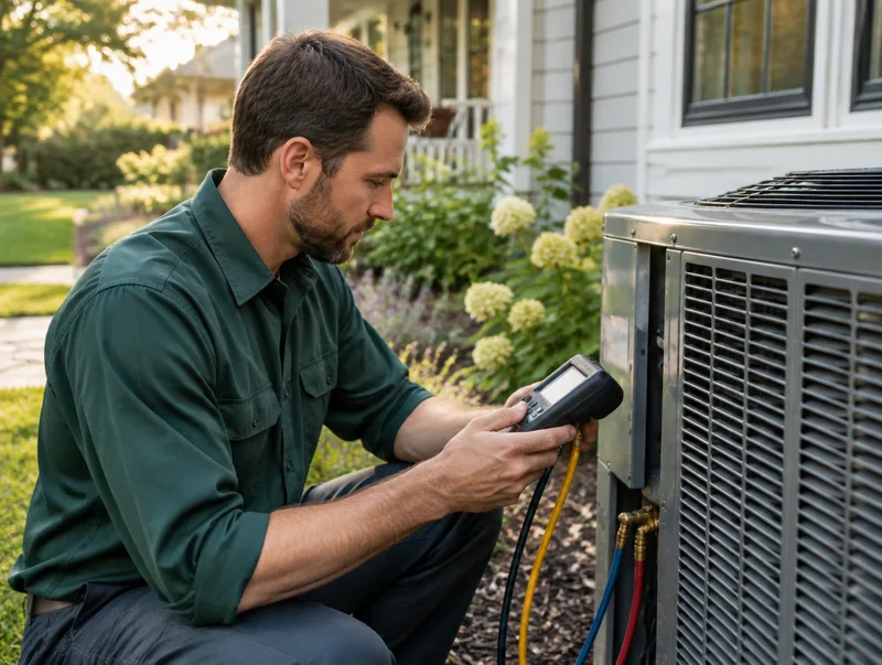 HVAC technician inspecting a residential heat pump