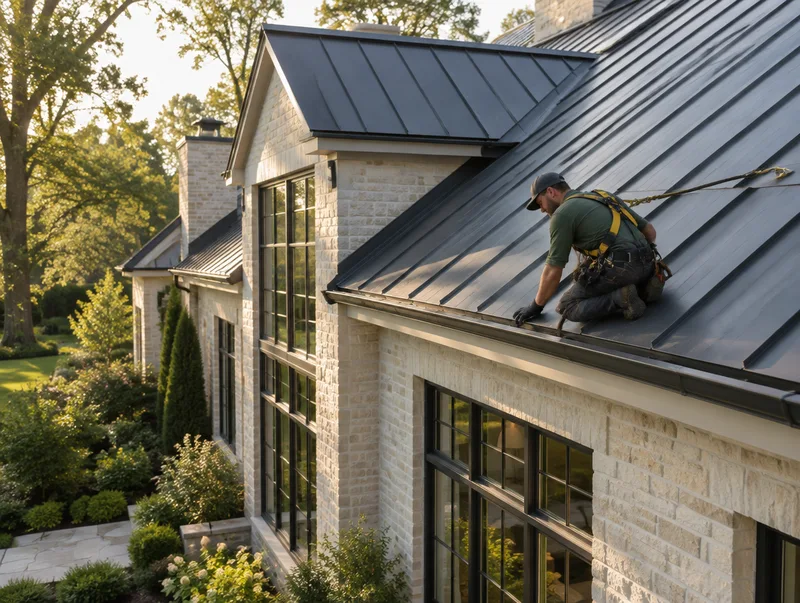 Roofing professional inspecting a contemporary home